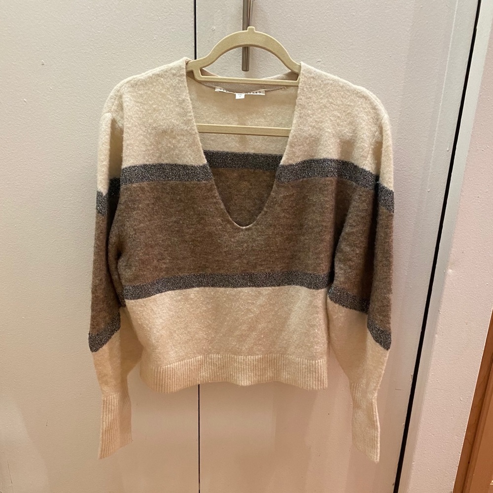 Veronica Beard Colorblock Stripe V-Neck Sweater